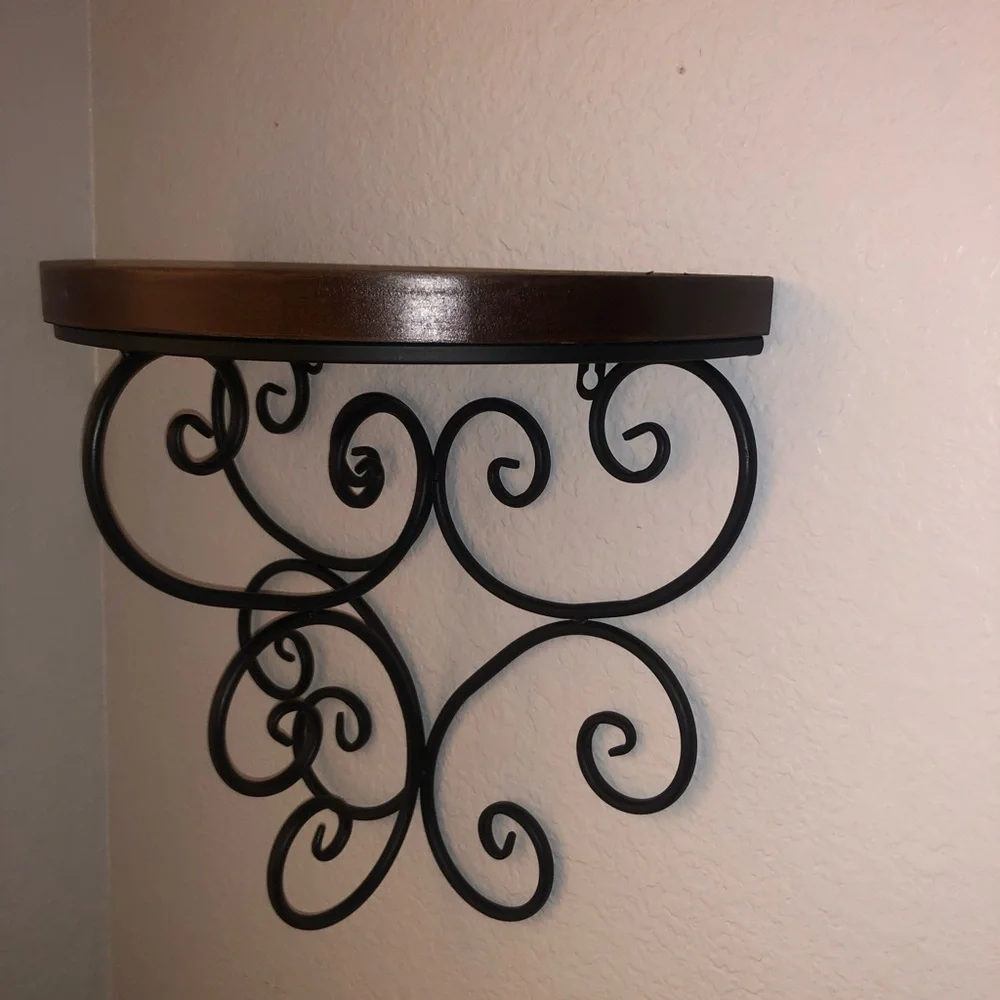 Decorative Wall Shelf with Black Scroll Bracket and Brown Wood Top